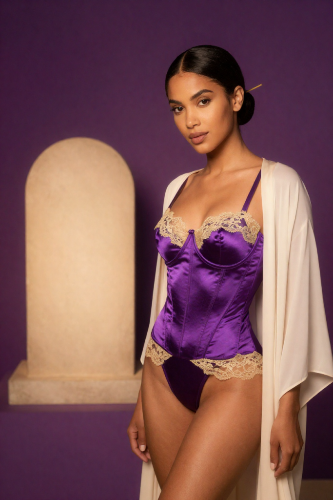 ChineseNav muse in a royal-purple corset beside the blank roadstone